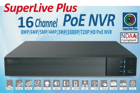 SuperLive Plus 8MP 4K 16CH PoE NVR Supports 16CH IP Cameras with PoE H.265 NDAA