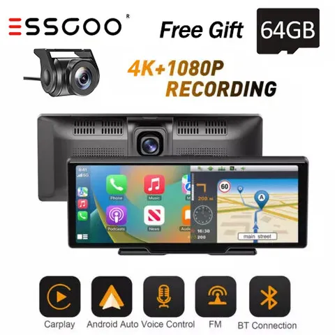 4K 10.26-Inch Dash Cam Wireless Carplay Android Auto Dual Lens Car DVR WiFi US