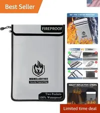 2 Pockets Fireproof Document Bag 15"x11", Protect Values from Fire | 2000 ℉ F...