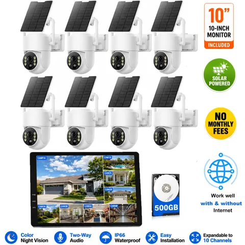 Solar Wireless Security Camera System 2-Way Audio 10 Inch Monitor Home CCTV Cams