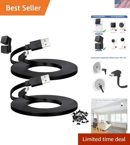 Micro USB 30 ft Cable Set for WYZE Cam Pan V3, 90-Degree Design for Outdoors