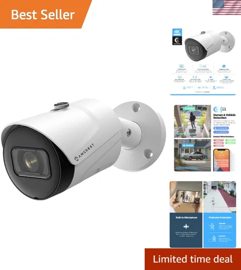 4K 8MP  POE Camera, UltraHD Outdoor Bullet, 3840x2160, 98ft NightVision, 125°...