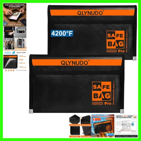 Fireproof Money Bag 2-Pack - Water-Resistant, Flexible Cash Storage 9.5x5.8 Inch