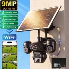 9MP Solar Security Camara 3 Lens Outdoor Home Night Vision WiFi Surveillance