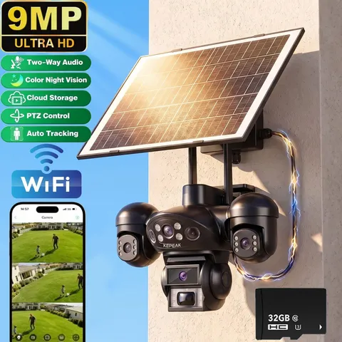 9MP Solar Security Camara 3 Lens Outdoor Home Night Vision WiFi Surveillance