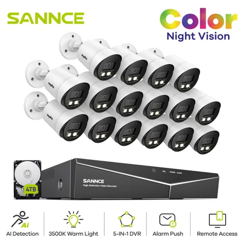 SANNCE HD 1080P Full Color Night Security Camera System 16CH 5IN1 DVR Outdoor AI