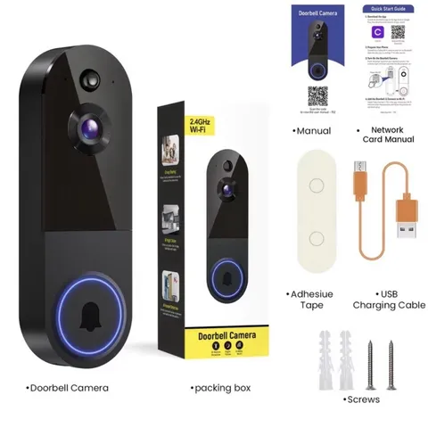 Black Door Bell Camera 1440 P Wireless Smart Night Vision Rechargeable Battery 