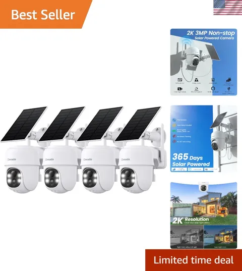 2K Solar Powered Outdoor Security Cameras | 4 Pack with 360° View & Night Vision