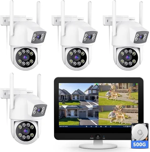 CLN-Security Camera System Wireless Outdoor with 12" Monitor, 4pcs 2K Dual Lens