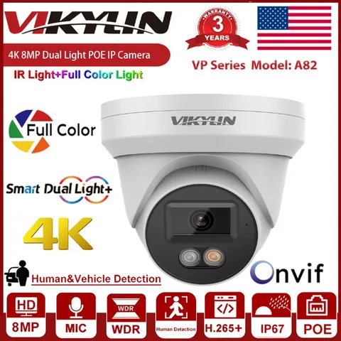 Vikylin 4K 8MP PoE IP Camera Outdoor Audio Dual light Full Color+IR Onvif NDAA