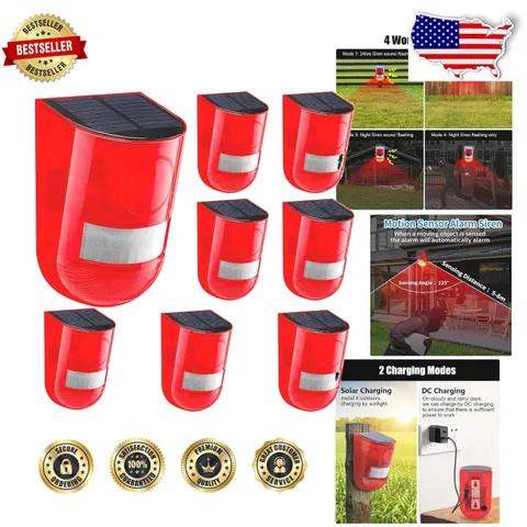 Motion Sensor Alarm 8 Pack - Solar Powered, Loud Siren, LED Flash, Versatile