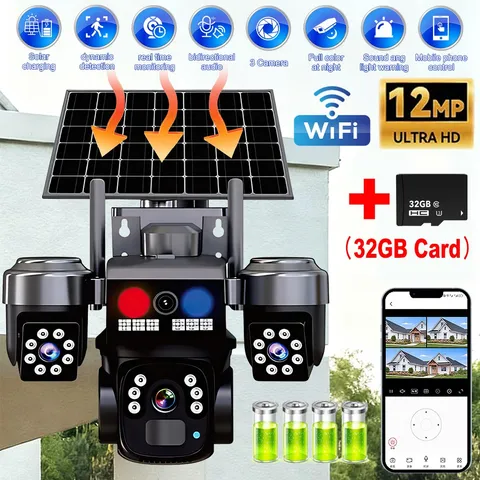 12MP Solar Battery Powered Wireless WiFi Outdoor PTZ Home Security Camera System