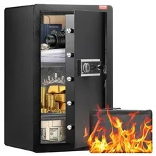 Dual Alarm Safe Lock Box with LED Light and 2 Shelves, Black