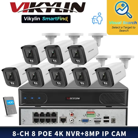 VIKYLIN SmartFind MD 8POE 8CH NVR Night Version 8MP 4K Security Camera Kit Lot