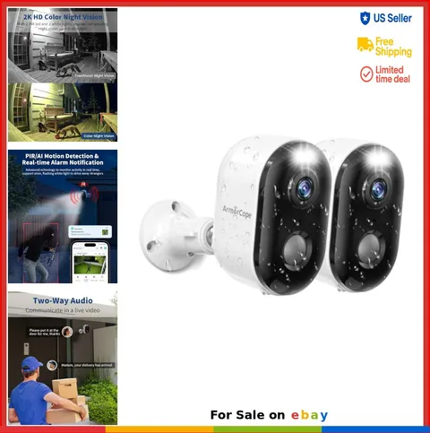 Wireless Security Camera 2 Pack 2K Battery Powered Outdoor IP66 Color Night
