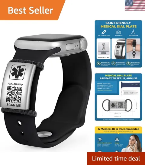 Medical Alert ID Tag for Watch Band Engraved QR Code Watch Safety Plate, Fitn...