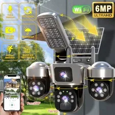 Camara De Seguridad Solar 6MP Exterior WiFi Inalambrica PTZ 3 Lentes Farola IP