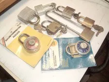 Eight (8) Assorted Padlocks w/Keys Brass Combination Long Shackle Steel