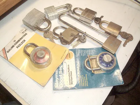 Eight (8) Assorted Padlocks w/Keys Brass Combination Long Shackle Steel