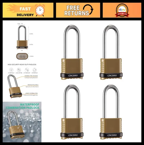 Heavy Duty 4-Digit Combination Lock Set, Weatherproof Padlocks with Long Shackle