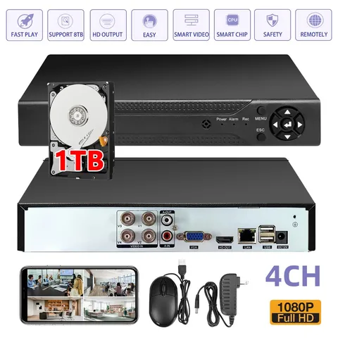 4CH Channel H.265 1080P DVR for Outdoor Home Security Camera System Opt 1TB HDD