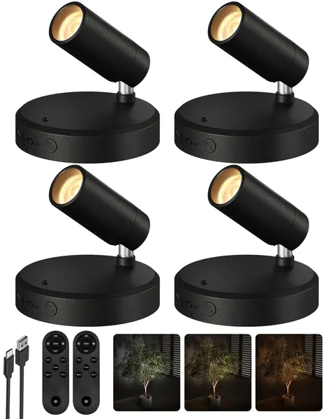 EZVALO Spotlights Indoor with Remote, 5500mAh Rechargeable 4pack, Black