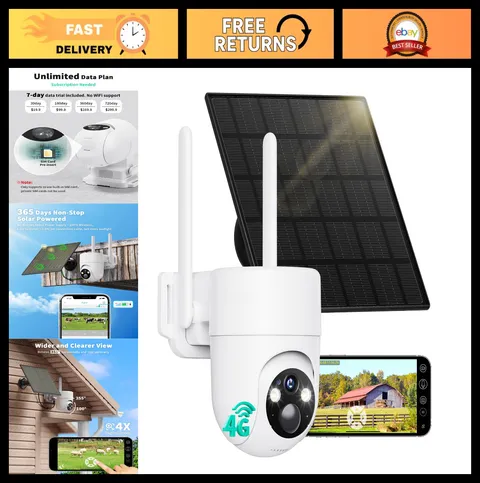 4G LTE Solar Security Camera - No WiFi, 360° Live View, 2K Color Night Vision, W