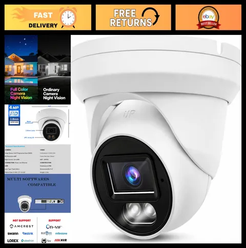 4MP HD Night Vision PoE IP Dome Camera, 2.8mm Wide Angle, Waterproof IP66, CCTV