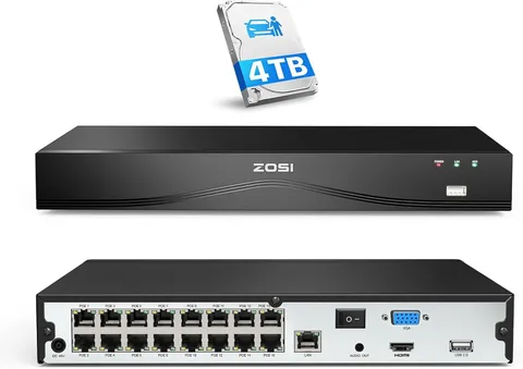 ZOSI 16CH PoE NVR 4TB Hard Drive 8MP Video NVR Recorder for Cameras System