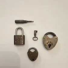 Vintage Padlock Lot (3) Brass/Steel Heart M.W. & Co + MARK, 1 Key, HK