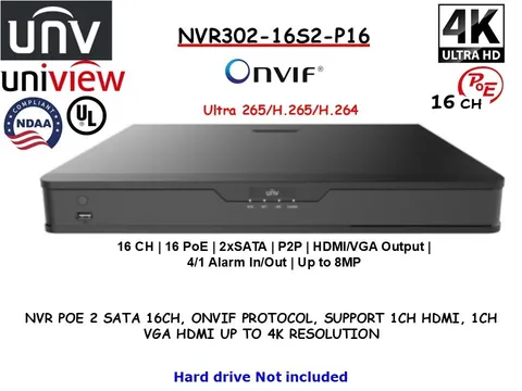 UNV Uniview NVR302-16S2-P16 NVR 16CH 16 PoE NDAA Compliant 4K ONVIF PROTOCOL
