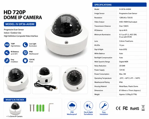 IDView 720P AHD 3.6mm Lens IP66 IR  Vandal Proof Dome Camera