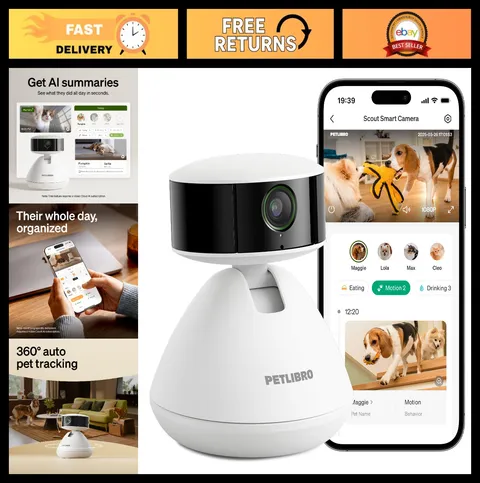 AI Pet Camera with 360° View, 1080P Night Vision, 2-Way Audio, Multi-Pet Recogni