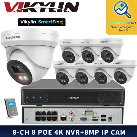 Vikylin SmartFind 8POE 8CH NVR Set Dual lens Color 8MP 4K Mini IP Camera MD Lot