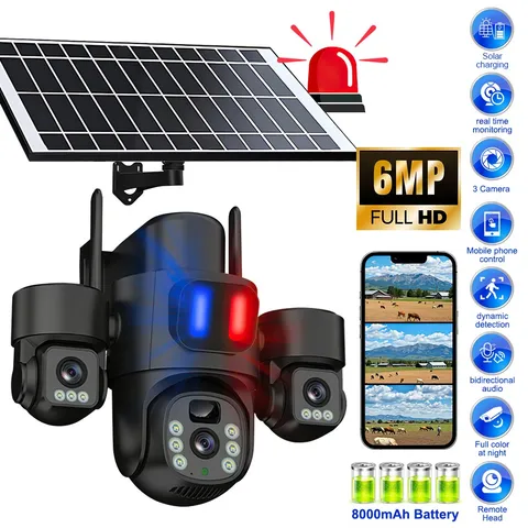 Solar Security Camera Wireless Outdoor 3-Lens 6MP WiFi Night Vision Home CCTV