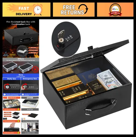 Fireproof Document Lock Box with Dual Combination & Key Security, Metal Safe, 13