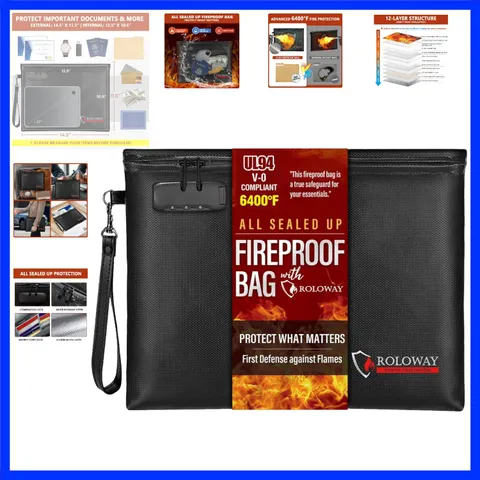 Fireproof Document Bag 14.5 x 11.5 inch, 6400℉ Fireproof Money Bag with Zippe...