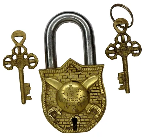 Antique Repro Brass Door Lock Vintage Style Handcrafted Sword & Shield Padlock