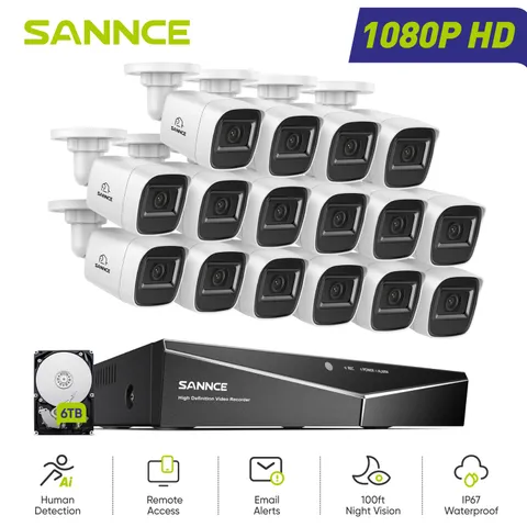 SANNCE 16CH 5in1 DVR 1080P CCTV Security Camera System AI Human Detection IP67