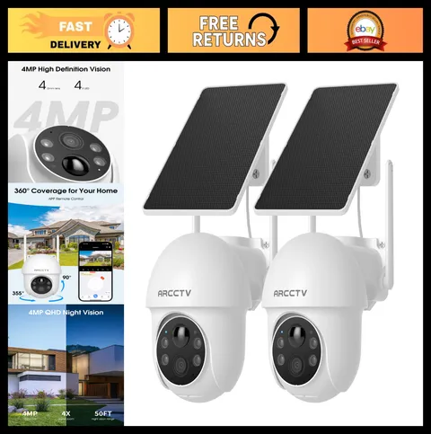 Wireless Solar Security Cameras 2 Pack, 4MP 2.5K HD, 360° View, Night Vision, 2-