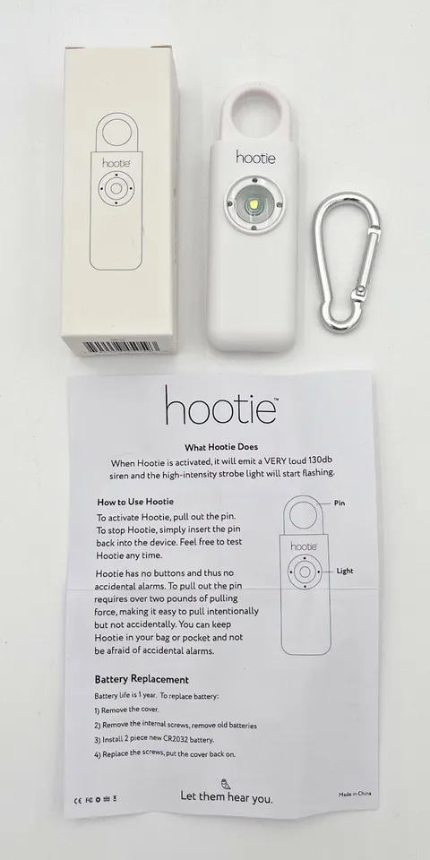 HOOTIE Personal Safety Keychain Alarm - 130dB Siren & Light Self Defense - WHITE