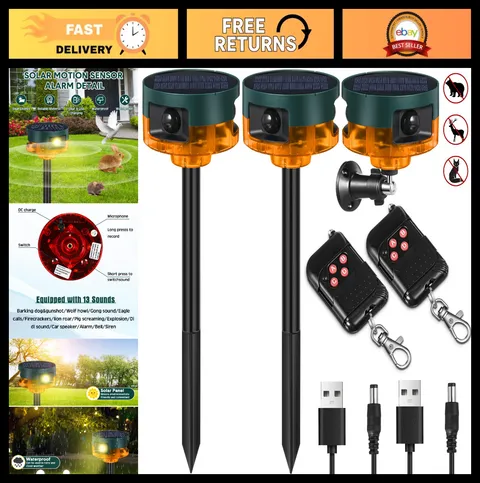 2 Pack Solar Motion Sensor Alarm - Dog Barking & Gunshot Sounds, Animal Deterren