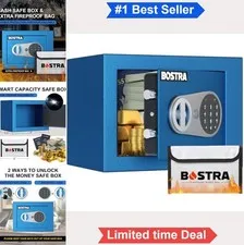 Fireproof Safe Box 0.23 Cu Ft Digital Keypad Sensor Light Blue Steel Cash Money