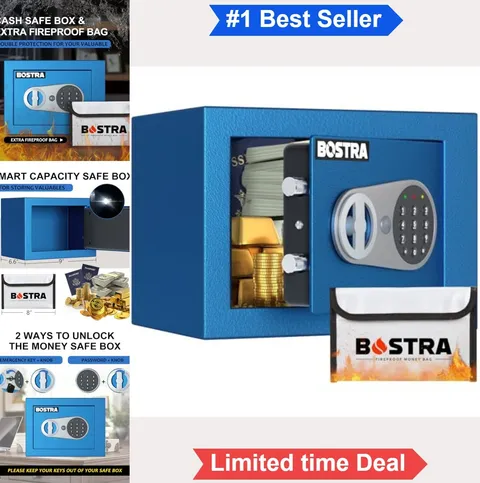 Fireproof Safe Box 0.23 Cu Ft Digital Keypad Sensor Light Blue Steel Cash Money
