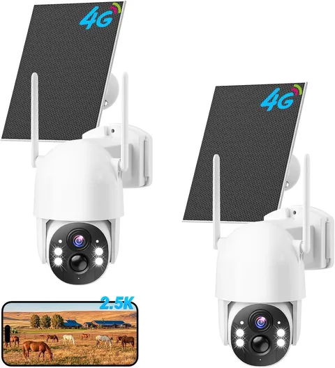(2-Pack) 4G LTE Cellular Outdoor Security Cameras, 2.5K Video Color Night Vision