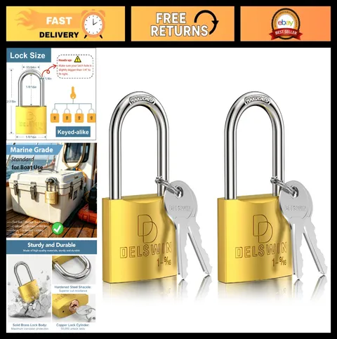 Heavy Duty Weatherproof Padlock with Key - Solid Brass, 1-9/16" Shackle, 2 Pack