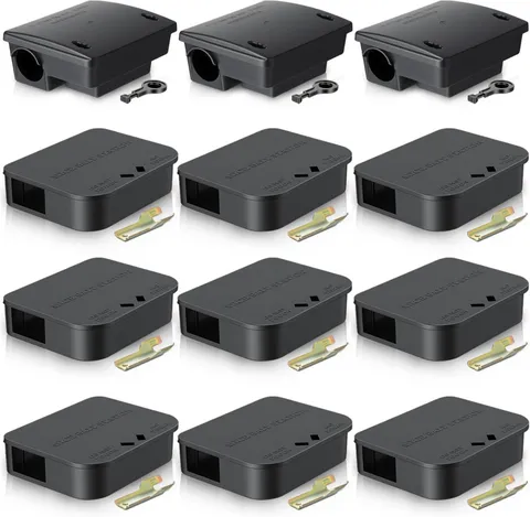 12 Pack Key Required Rat Station Box 3 Large & 9 Compact Outdoor Mouse Bait Stat
