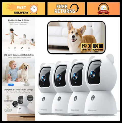 4-Pack 2.5K Indoor Security Cameras, AI Detection, Night Vision, WiFi, Audio