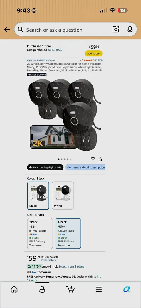 FAMVIVA 2K Wired IP Security Cameras 4-Pack Black Night Vision Waterproof