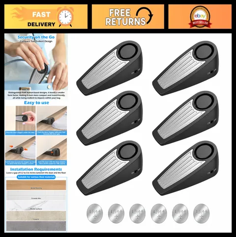 120dB Door Stopper Alarm Security - Travel & Hotel Safety, 6 Pack, Black
